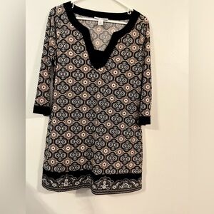 WHITE HOUSE BLACK MARKET Sz M Tunic Top Shirt  Black Beige Brown 3/4 Sleeve